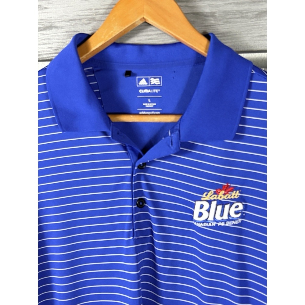 Adidas Labatt Blue Canadian Pilsener Shirt Mens L Blue Striped Short Sleeve Polo - Picture 2 of 7